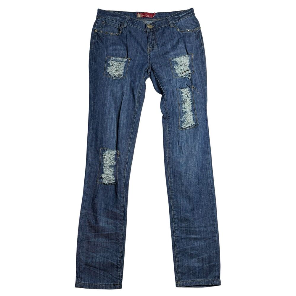 Apple Bottoms Jeans Womens 9/10 Blue Studded Sequins Low Rise Y2K Distressed